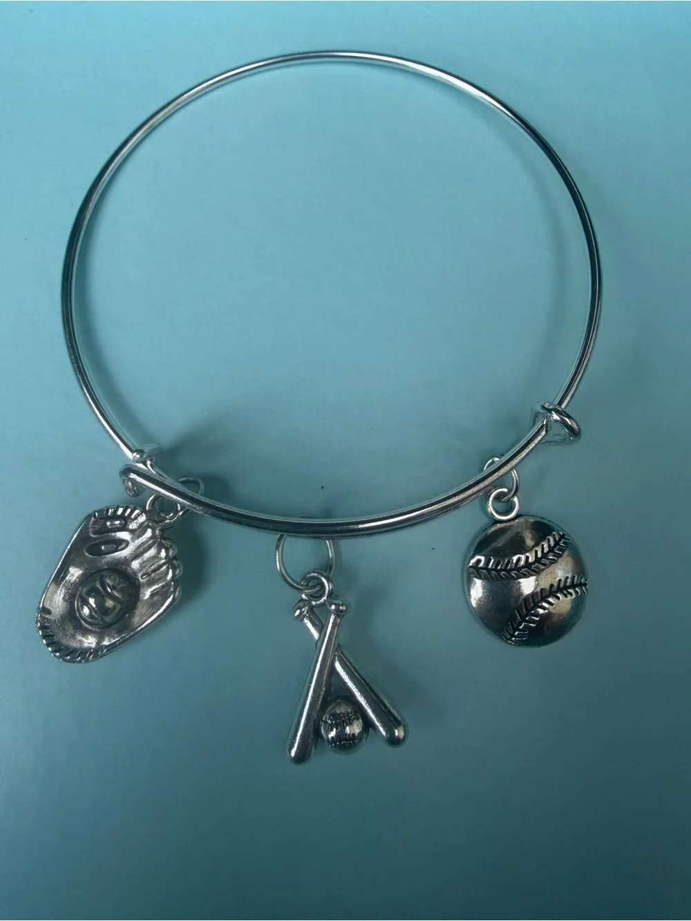 Handcrafted Softball Charm Bangle Bracelet Girls Silver Tone - Sports Jewelry